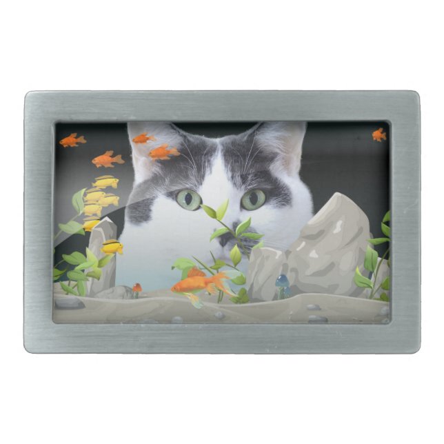 Custom Photo Cat Peering in Fish Tank Belt Buckle (Front)