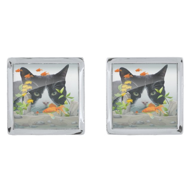 Custom Photo Cat Peering in Fish Tank Cufflinks (Front)
