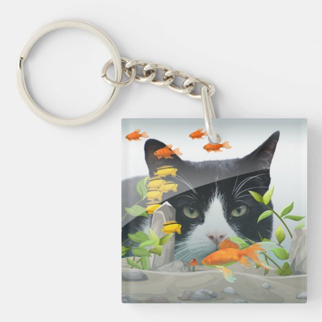 Custom Photo Cat Peering in Fish Tank Keychain (Front)
