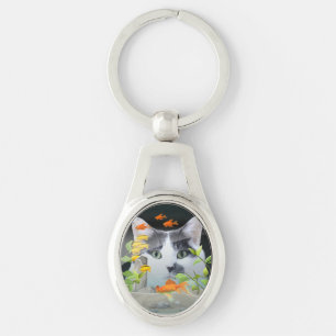 Custom Photo Cat Peering in Fish Tank Keychain