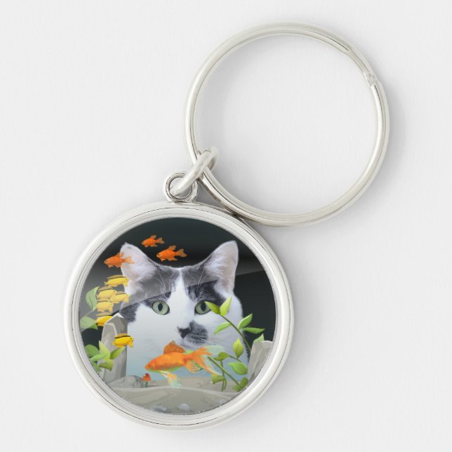 Custom Photo Cat Peering in Fish Tank Keychain (Front)