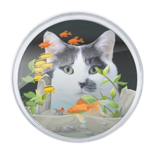 Custom Photo Cat Peering in Fish Tank Silver Finish Lapel Pin