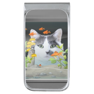 Custom Photo Cat Peering in Fish Tank Silver Finish Money Clip