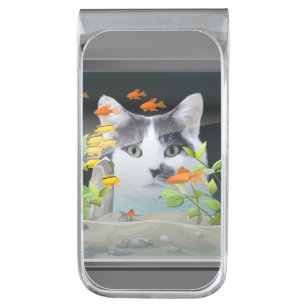 Custom Photo Cat Peering in Fish Tank Silver Finish Money Clip