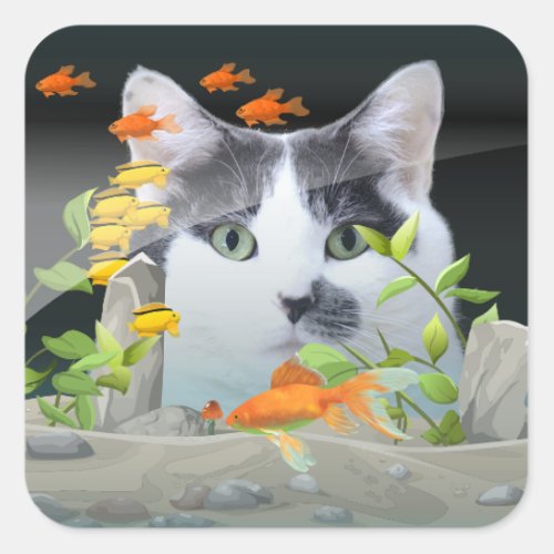 Custom Photo Cat Peering in Fish Tank Square Sticker