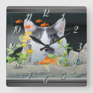 Custom Photo Cat Peering in Fish Tank Square Wall Clock
