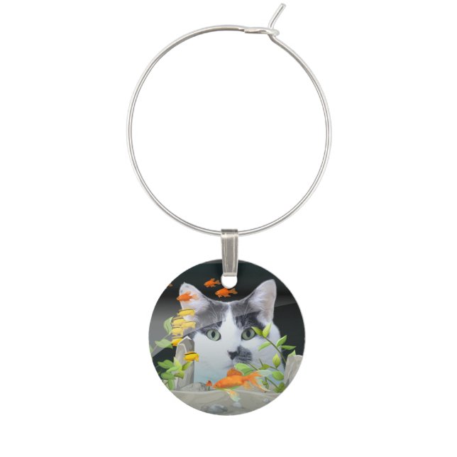 Custom Photo Cat Peering in Fish Tank Wine Charm (Front)