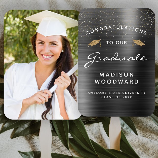 Custom Photo Charcoal Gray Metallic Graduation Hand Fan (Creator Uploaded)