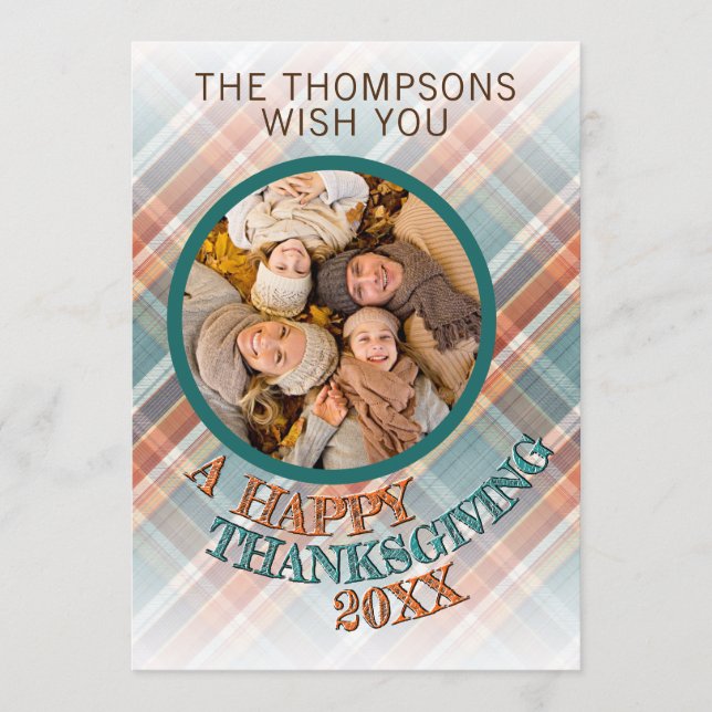 Custom Photo Cheerful Thanksgiving Plaid Pattern Holiday Card (Front)