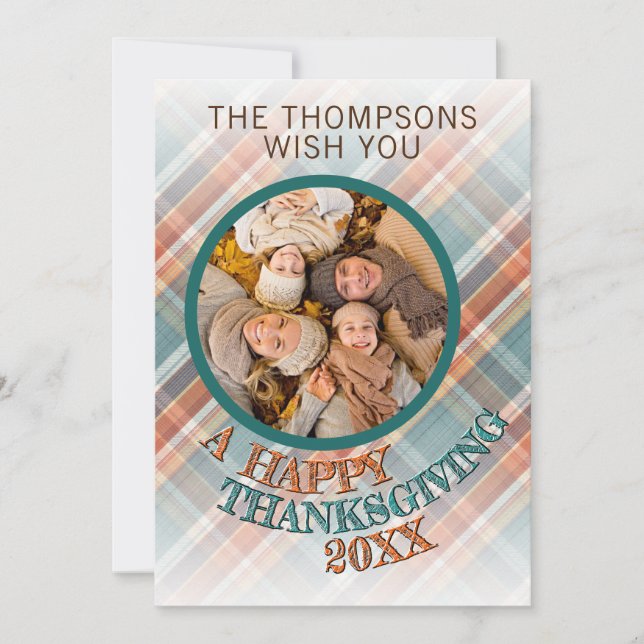 Custom Photo Cheerful Thanksgiving Plaid Pattern Holiday Card (Front)