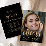 Custom Photo Cheers 21st Birthday Party Invitation<br><div class="desc">The front of this 21st birthday invitation features the guest of honor's photo with a gold-colored text overlay. The word "cheers" appears in elegant gold-colored calligraphy script, followed by "to 21 years" and the guest of honor's name and birthday in sans serif font. A dark screen helps make the text...</div>
