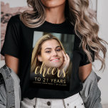 Custom Photo Cheers 21st Birthday Party Tri-Blend Shirt<br><div class="desc">This 21st birthday party t-shirt features the guest of honor's photo with a gold-colored text overlay. The word "cheers" appears in elegant gold-colored calligraphy script, followed by "to 21 years" and the guest of honor's name and birthday in sans serif font. A dark screen helps make the text pop. A...</div>