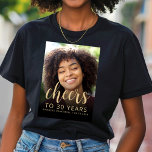 Custom Photo Cheers 30th Birthday Party T-Shirt<br><div class="desc">This 30th birthday party t-shirt features the guest of honor's photo with a gold-colored text overlay. The word "cheers" appears in elegant gold-colored calligraphy script, followed by "to 30 years" and the guest of honor's name and birthday in sans serif font. A dark screen helps make the text pop. A...</div>