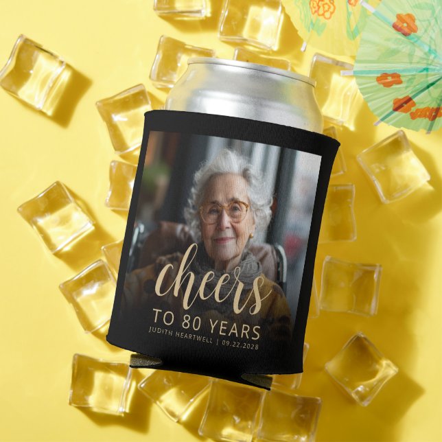 Custom Photo Cheers 80th Birthday Party Can Cooler (In Situ Summer)