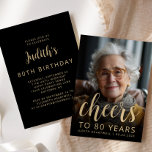 Custom Photo Cheers 80th Birthday Party Invitation<br><div class="desc">The front of this 80th birthday invitation features the guest of honor's photo with a gold-colored text overlay. The word "cheers" appears in elegant gold-colored calligraphy script, followed by "to 80 years" and the guest of honor's name and birthday in sans serif font. A dark screen helps make the text...</div>