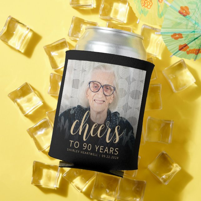 Custom Photo Cheers 90th Birthday Party Can Cooler (In Situ Summer)