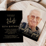 Custom Photo Cheers 90th Birthday Party Invitation<br><div class="desc">The front of this 90th birthday party invitation features the guest of honor's photo with a gold-colored text overlay. The words "cheers to 90 years" appear in modern gold-colored handwriting script, followed by the guest of honor's name and birthday in sans serif font. A dark screen helps make the text...</div>