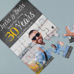 Custom photo Cheers and beers 30th men birthday Jigsaw Puzzle<br><div class="desc">Informal and funny cheers and beers men thirty birthday custom photo keepsake gift puzzle with a fancy typography script, a yellow doodle beer mug, and swirls on a rustic vintage dark grey chalkboard background. Suitable as a keepsake gift for any age or milestone birthday party or long-distance virtual celebration. Easy...</div>