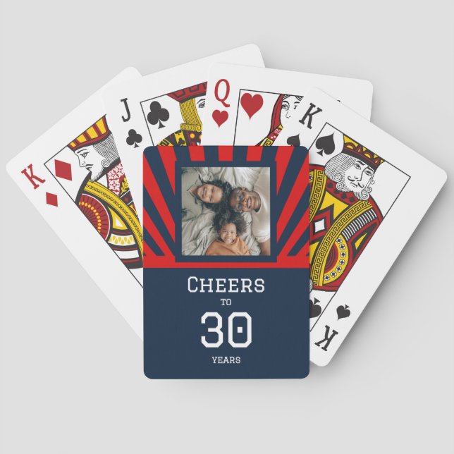 Custom photo Cheers to 30 years, blue and red  Poker Cards (Back)