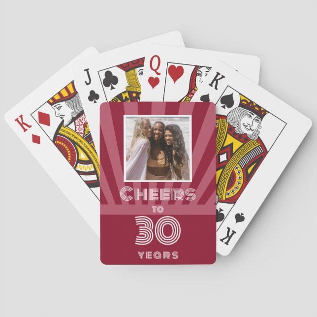 Custom photo Cheers to 30 years, red and pink  Poker Cards (Back)
