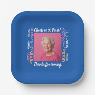 Custom Photo Cheers to 90 Years Birthday Streamers Paper Plates