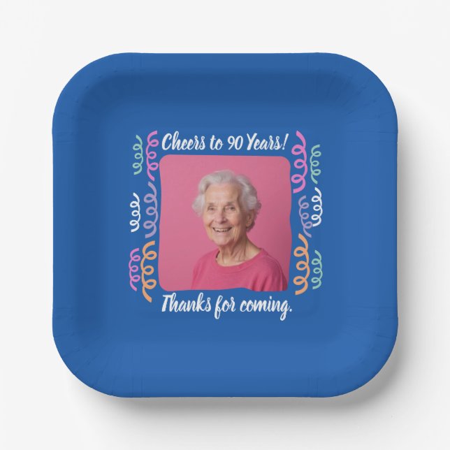 Custom Photo Cheers to 90 Years Birthday Streamers Paper Plates (Front)
