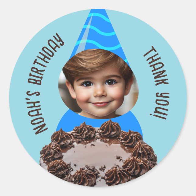 Custom Photo Chocolate Cake Birthday Party Hat Classic Round Sticker (Front)