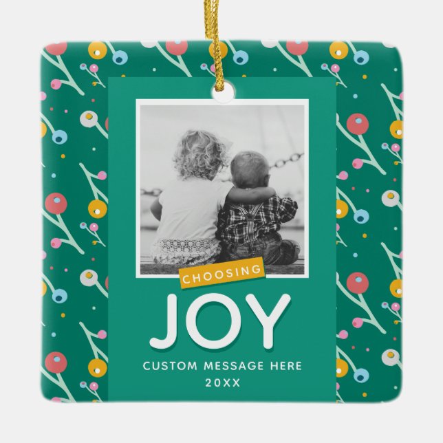 Custom Photo Choosing Joy Holiday Berries Ceramic Ornament (Front)