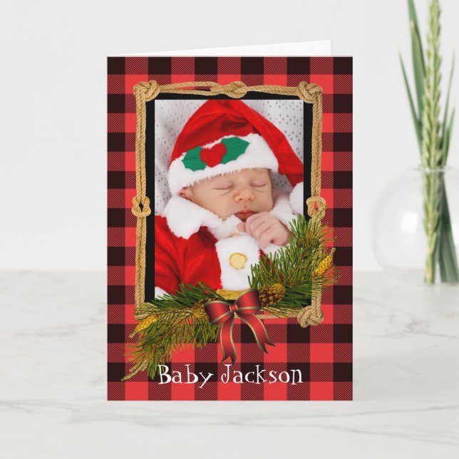 Custom Photo Christmas Add Your Photo Plaid Design Holiday Card (Front)