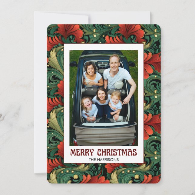 Custom Photo Christmas Art Nouveau Floral Pattern  Holiday Card (Front)