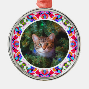Custom Photo Christmas Cat Mom Mom Dad Colorful Metal Ornament