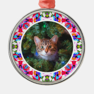 Custom Photo Christmas Cat Mom Mom Dad Colorful Metal Ornament
