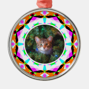 Custom Photo Christmas Cat Mom Mom Dad Orange Pink Metal Ornament