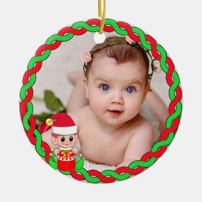 Custom photo, Christmas elf and green red frame Ceramic Ornament (Front)
