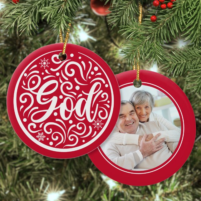Custom Photo Christmas Holiday God Religious Red Ceramic Ornament (Creator Uploaded)