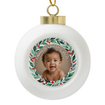 custom photo christmas holly ceramic ornament