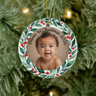 custom photo christmas holly ceramic ornament