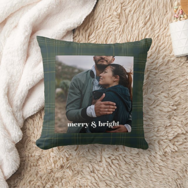 Custom Photo Christmas Merry & Bright | Modern Throw Pillow (Blanket)