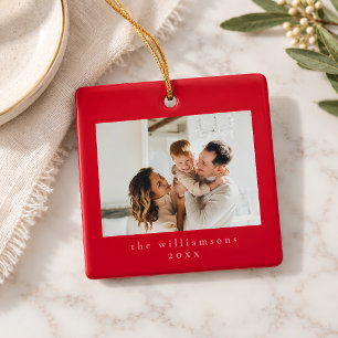 Custom Photo Christmas Pink Red Simple Family Ceramic Ornament