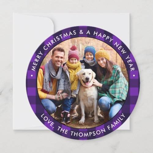 Custom Photo Christmas Purple Buffalo Plaid Round Holiday Card