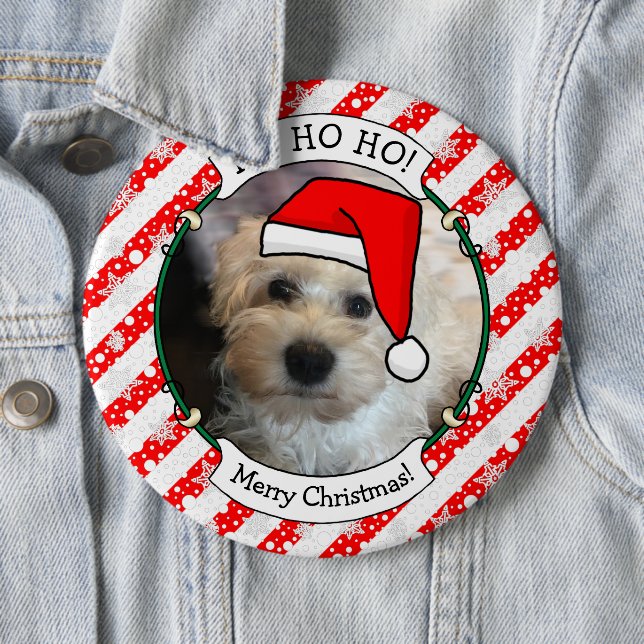 Custom Photo Christmas Santa Hat Pet HO HO HO Button (In Situ)