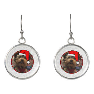 Custom Photo Christmas Santa Hat Pet HO HO HO Earrings