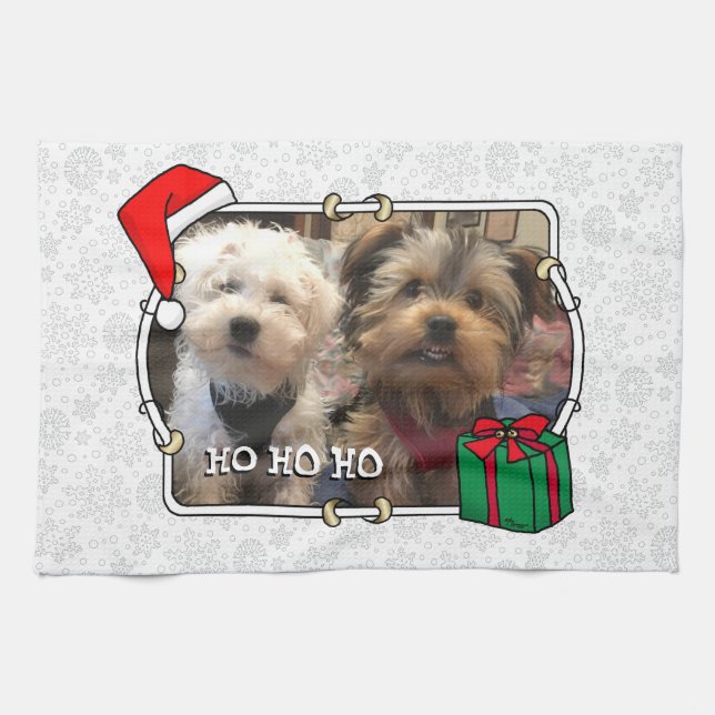 Custom Photo Christmas Santa Hat Pet HO HO HO Kitchen Towel (Horizontal)