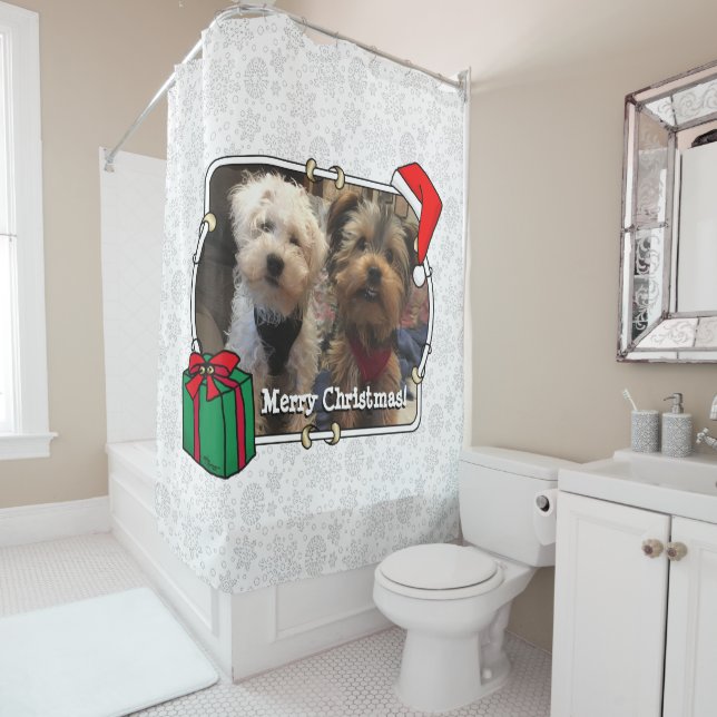 Custom Photo Christmas Santa Hat Pet HO HO HO Shower Curtain (In Situ)