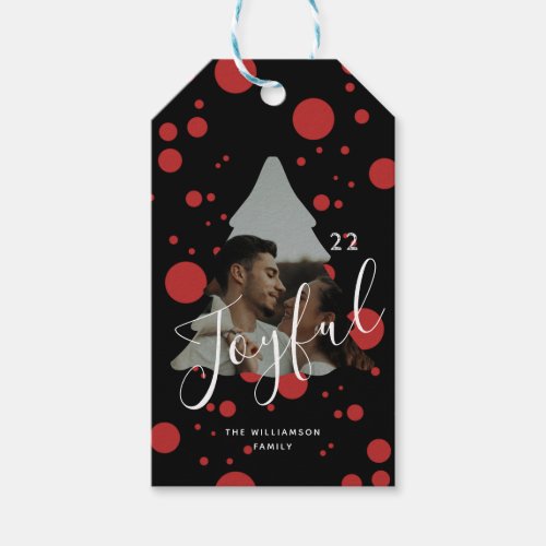 Custom Photo Christmas Tree black and red dots Gift Tags