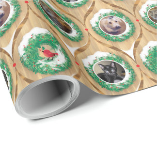 Custom Photo Christmas Wreaths Red Birds Cats Dogs Wrapping Paper