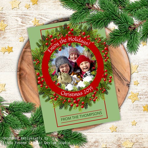 Custom Photo Classic Green Holly Red Berries Holiday Card