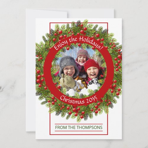 Custom Photo Classic Green Holly Red Berries Holiday Card