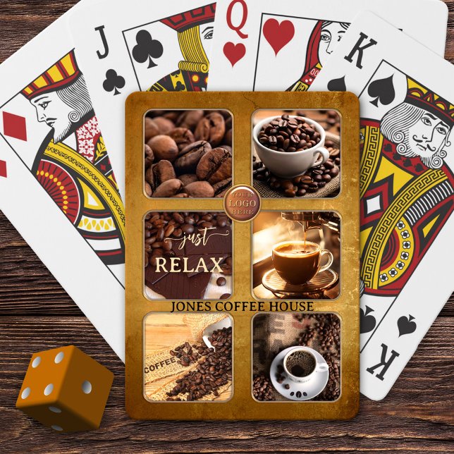 Custom Photo Coffee House Poker Cards (Playing cards featuring 6 photos framed by a grunge coffee design and your own logo)