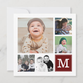 Custom Photo Collage 10 Photos Red Monogram Holiday Card